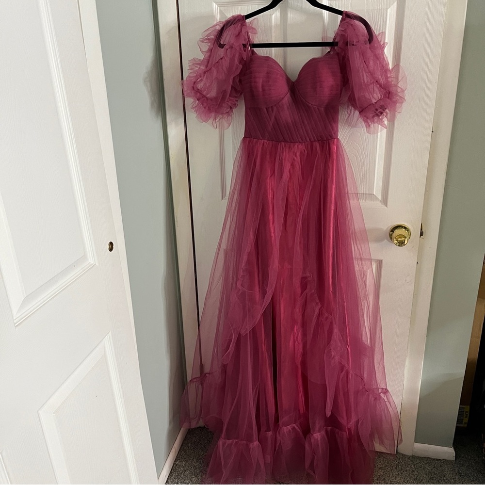 Fucsia Tulle Off Shoulder Maxi Dress